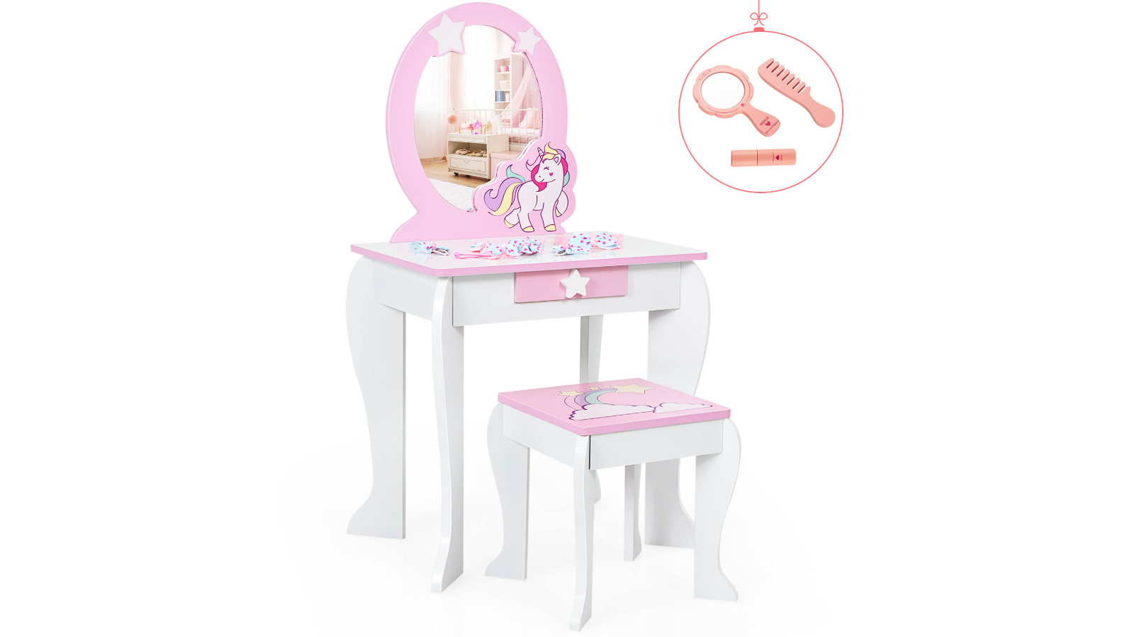 Costway Princess Gift Vanity Dressing Table and Stool Set with Mirror
