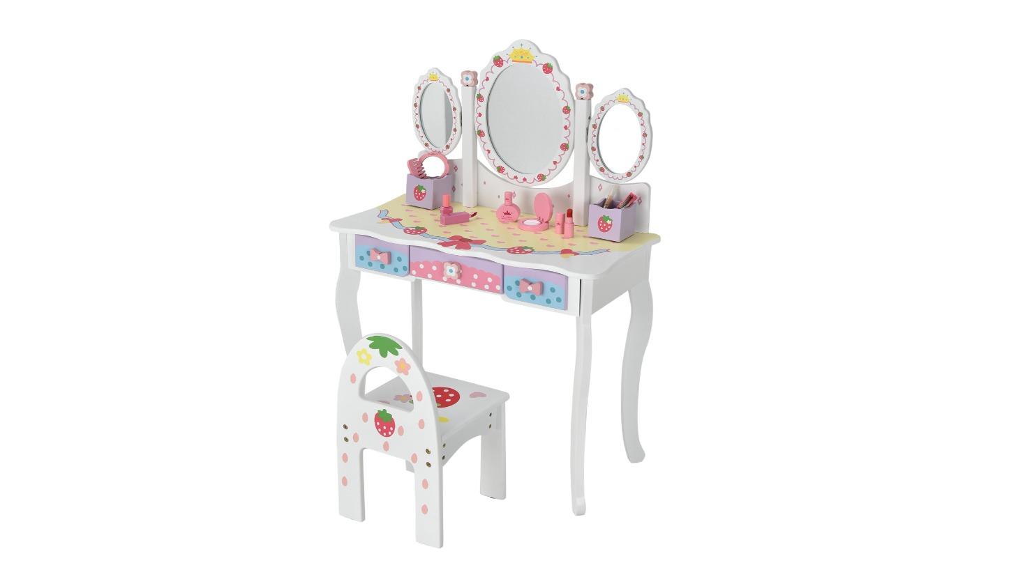 Costway Kids Folding Mirror Princess Dressing Table Chair Set with 3 ...