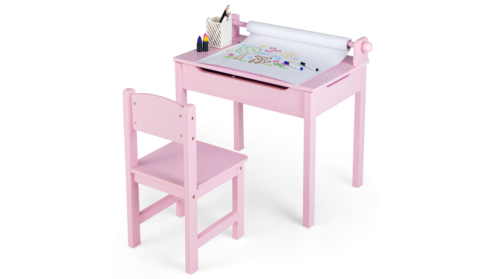 Costway Kids Lift-Top Art Table and Chair Set with Paper Roll - Pink