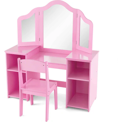 Costway Kids Princess Vanity Table and Chair Set with Tri-Fold Mirror