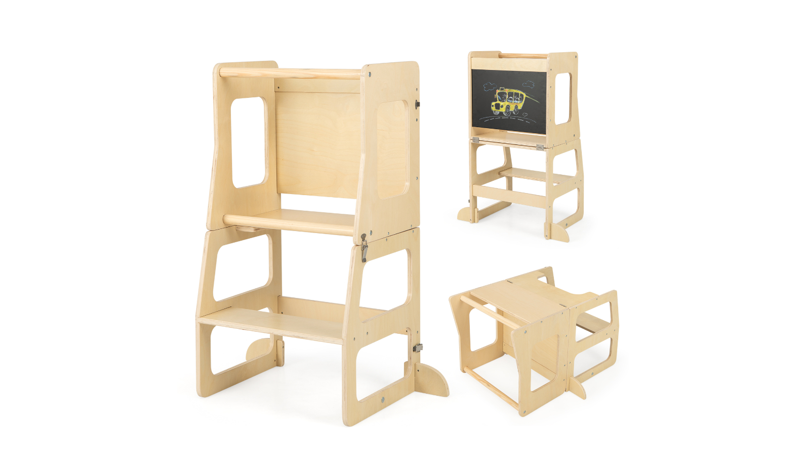 Costway 3-in-1 Foldable Convertible Kitchen Tower Step Stool Table with Chalkboard 