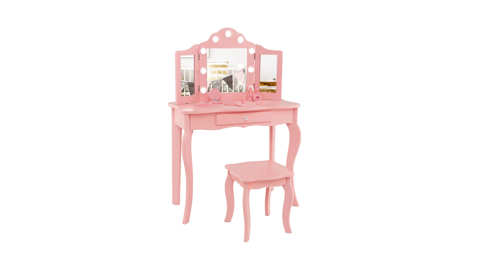 Costway 2-in-1 Princess Vanity Table/Stool Set with Tri-Folding Mirror and Drawer - Pink
