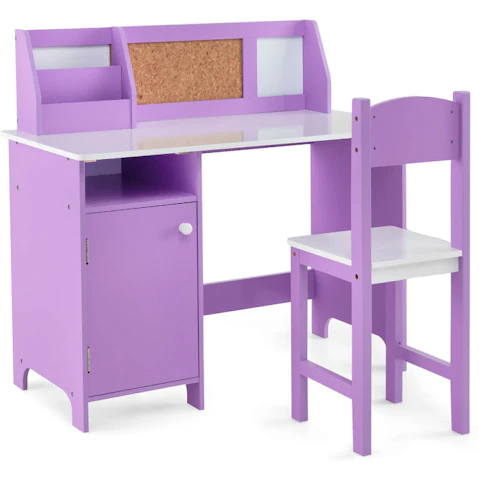 Costway Table and Chair Set with Bookshelf Storage - Purple