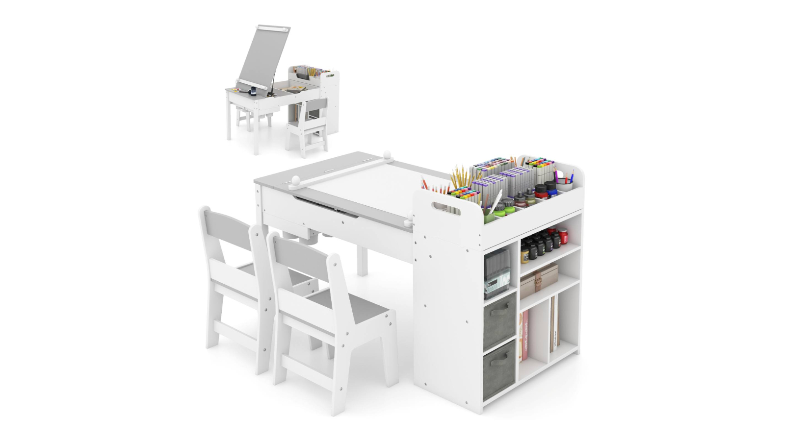 Costway Art Table and 2 Chair with Paper Roll Paint Cup - Grey