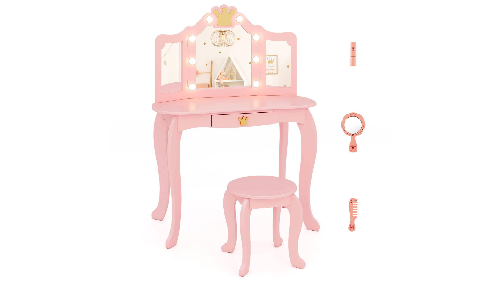 Costway 2-in-1 Kids Vanity Table and Chair Set with Mirror Study Writing Desk - Pink