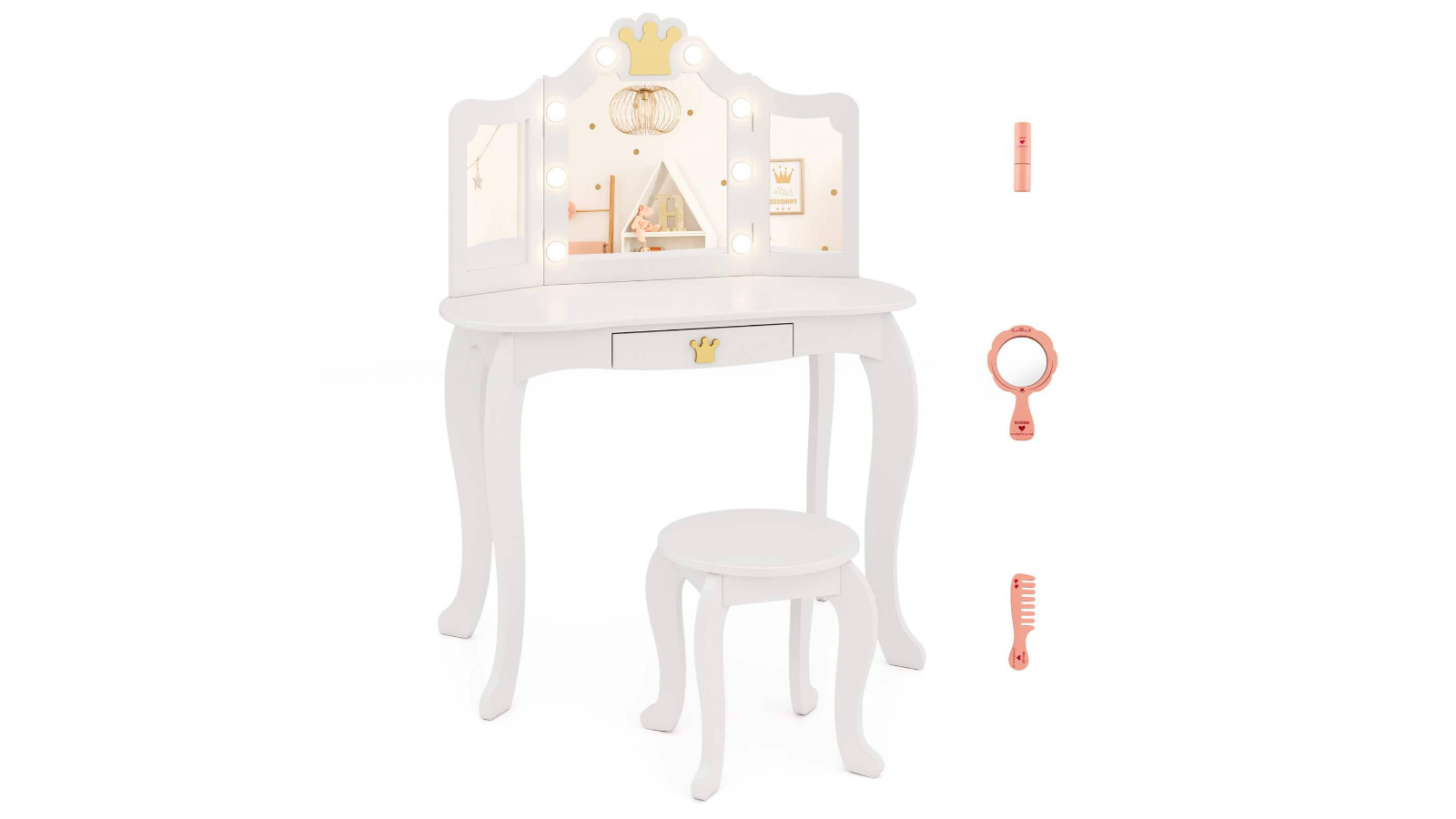 Costway 2-in-1 White Vanity Table and Chair Set with Mirror Study Writing Desk