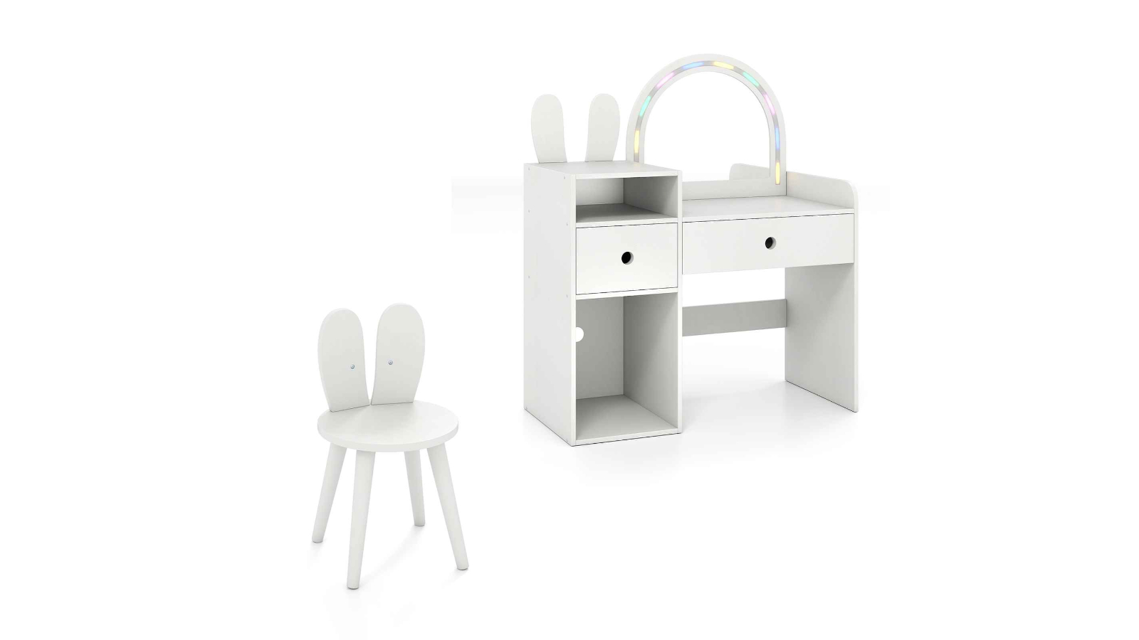 Costway Kids Princess Vanity Table and Chair Set with Lighted Mirror - White