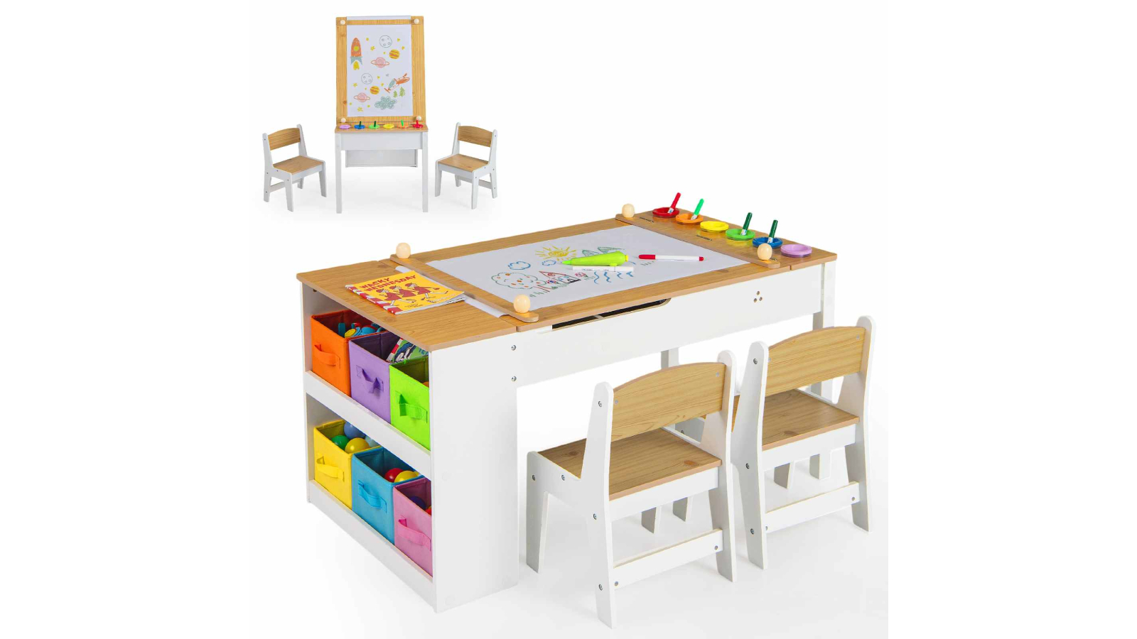 Costway 2-in-1 Art Table and Chair Set with Liftable Tabletop - Natural