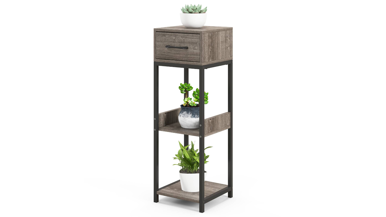 Costway 3-Tier Metal Plant Stand with Drawer - Grey/Black
