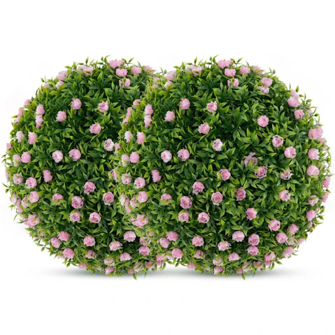 Costway 2 x Artificial Topiary Ball Faux Decorative Ball Faux Green Ball Plant - Pink and Green