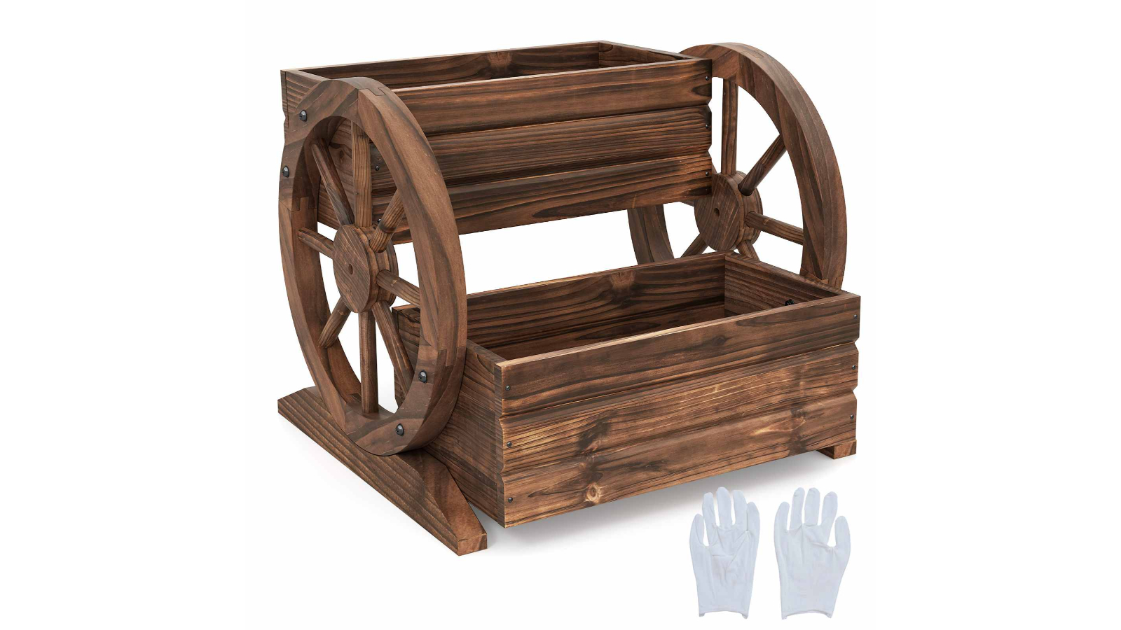 Costway Rustic Wood Wagon Raised Planter Box with Drainage Hole