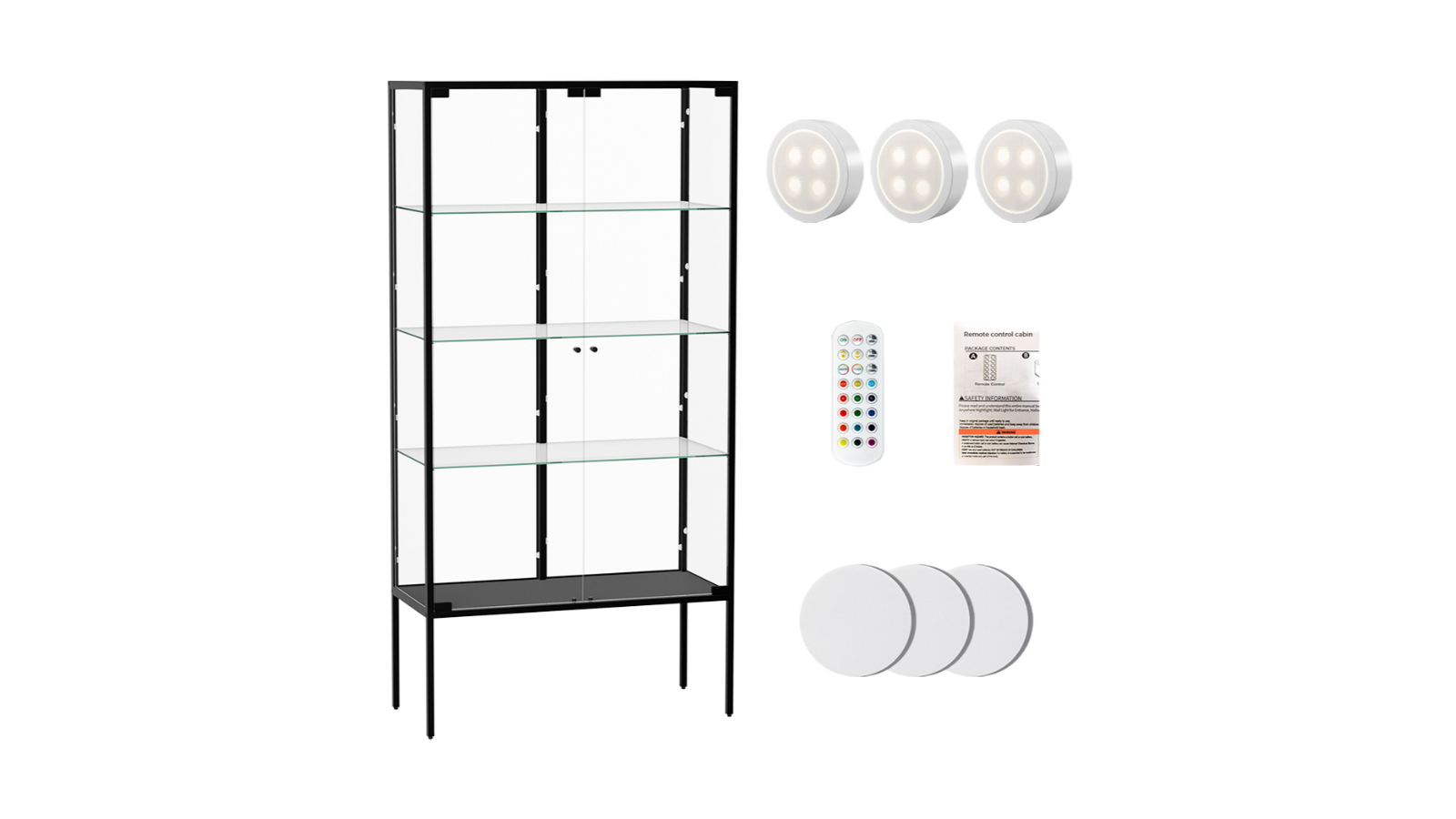 Stacked 4-Tier Double Glass Door with LED Lights Display Cabinet - Black