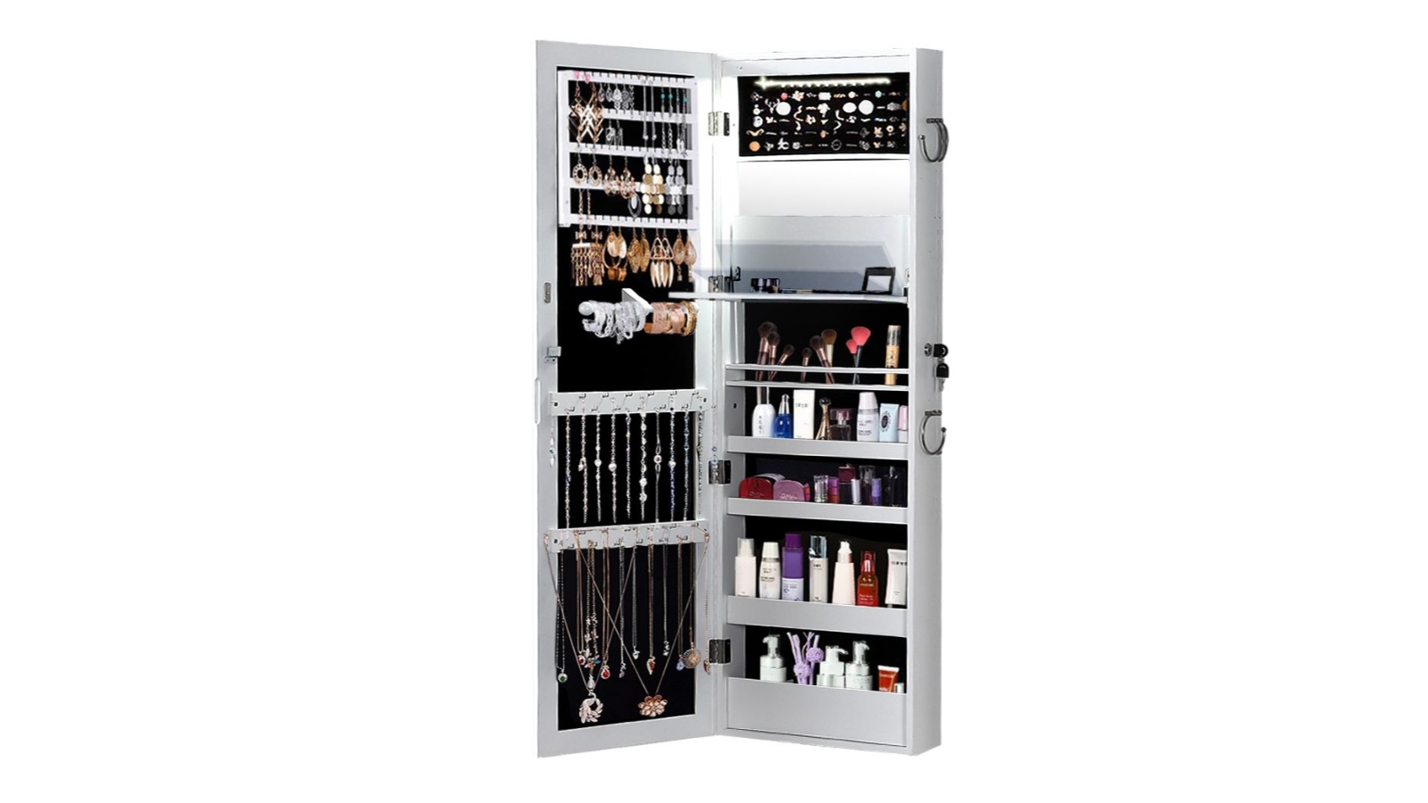 Levede Wall Mounted or Hang Over Jewellery Organiser with Led Light - White