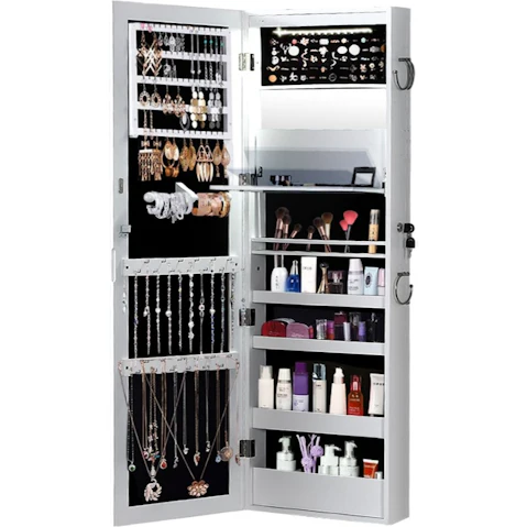 Levede Wall Mounted or Hang Over Jewellery Organiser with Led Light - White