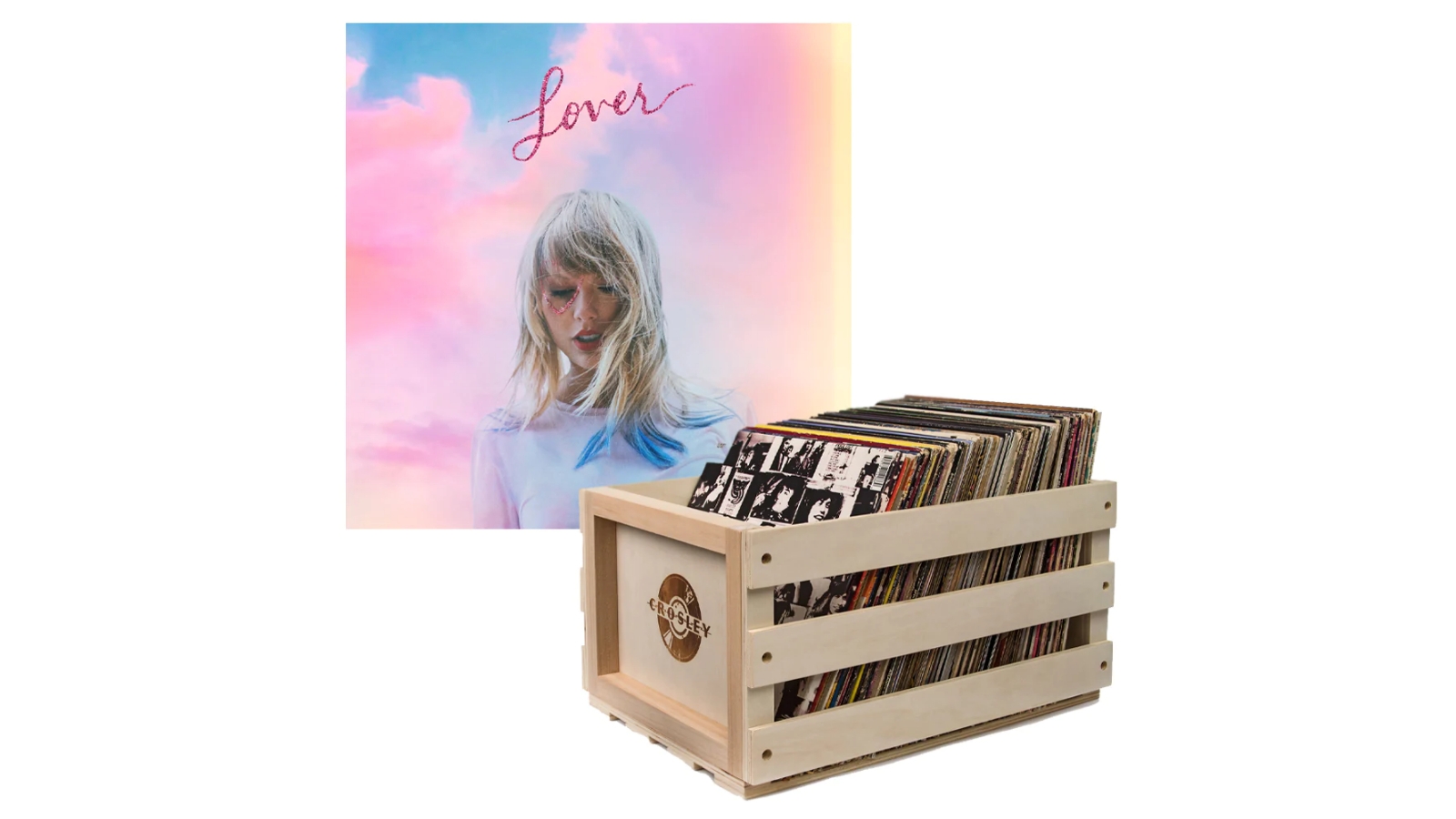 Universal Music Crosley Record Storage Crate and Taylor Swift Lover 2P Vinyl Album Bundle