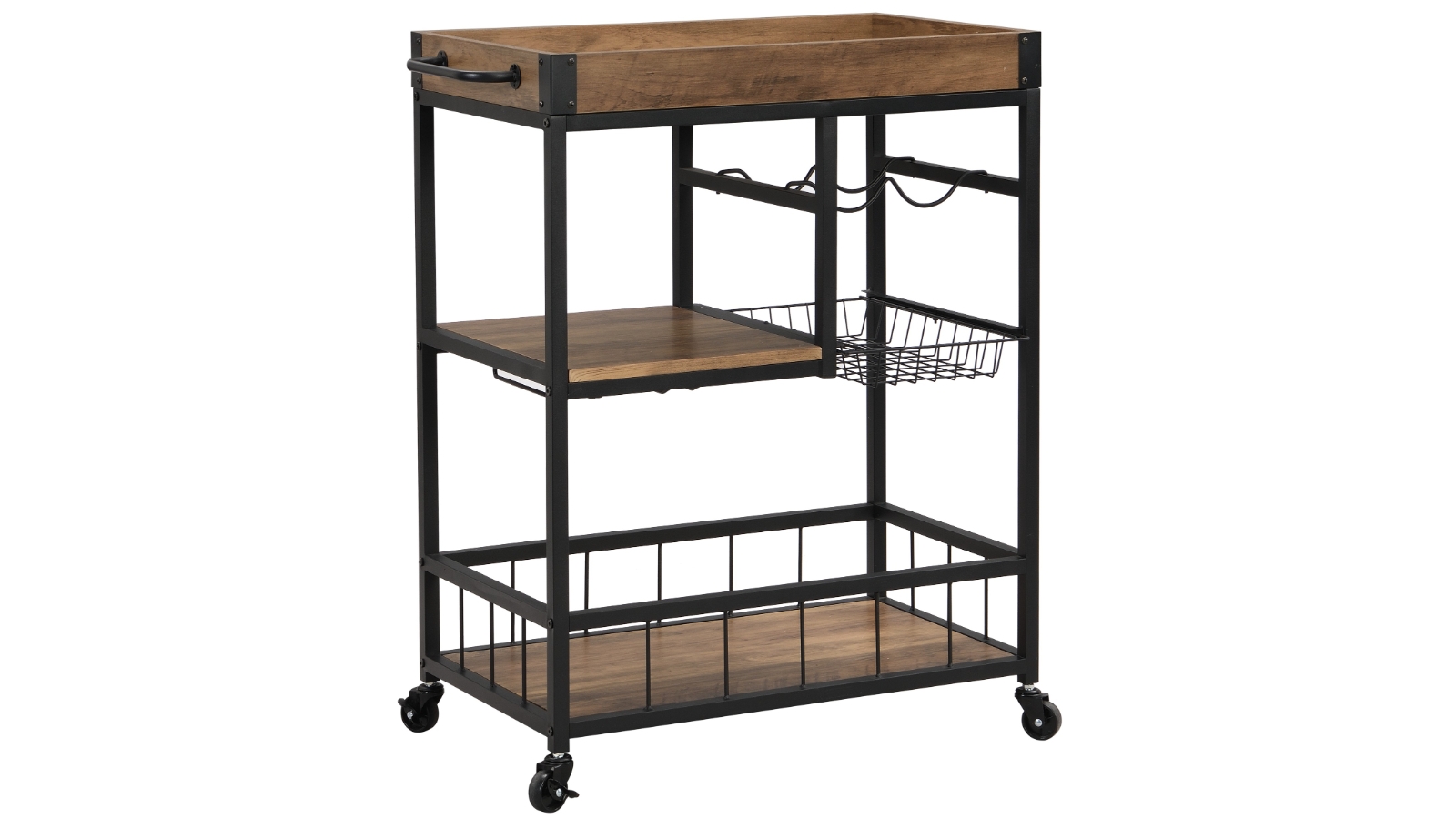 iHomdec Industrial 3-Tier Bar Cart Trolley with Glass and Wine Holder - Rustic Brown