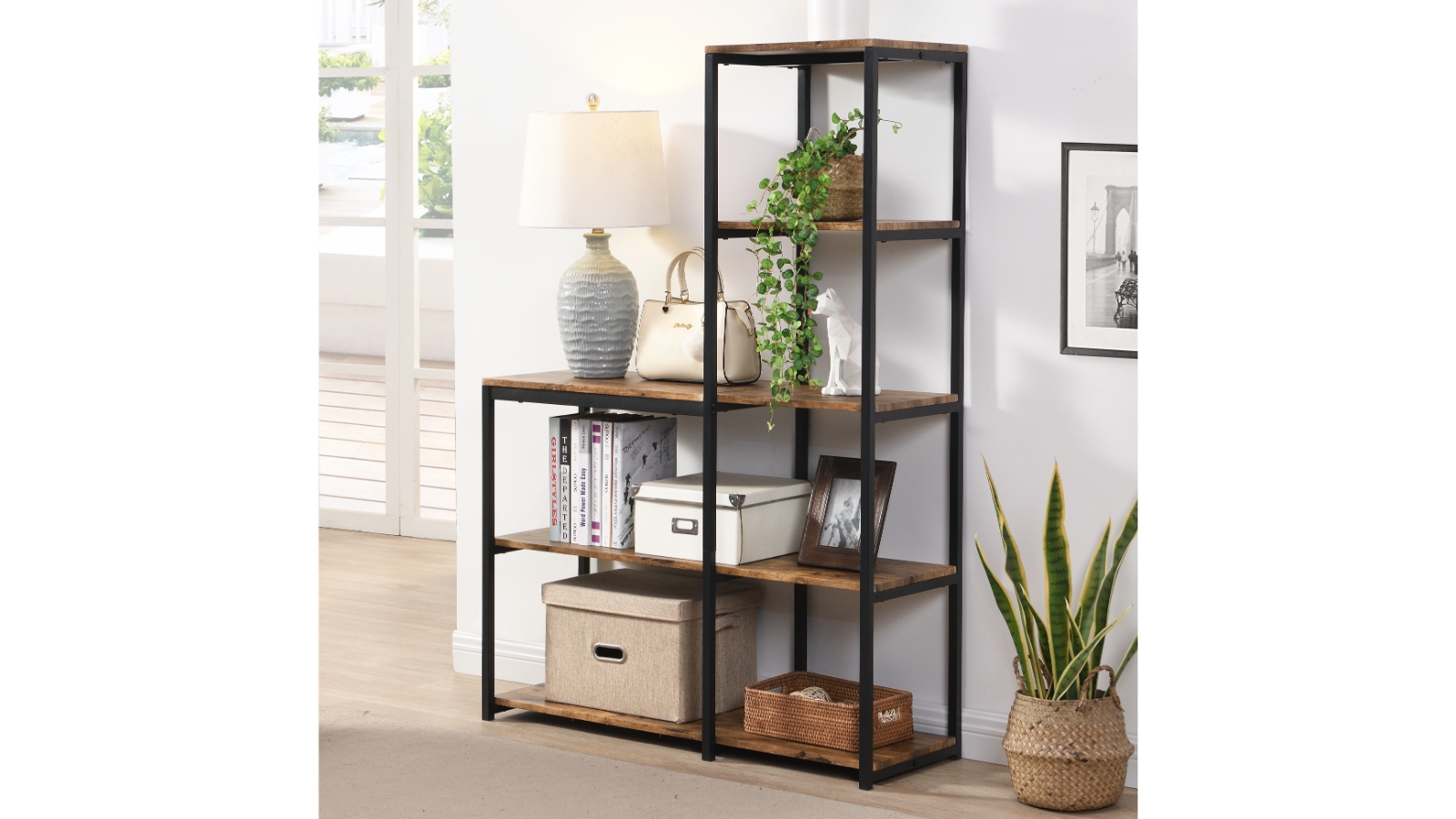 iHomdec 5Tier L Shaped Open Ladder Bookshelf Rustic Dark Brown
