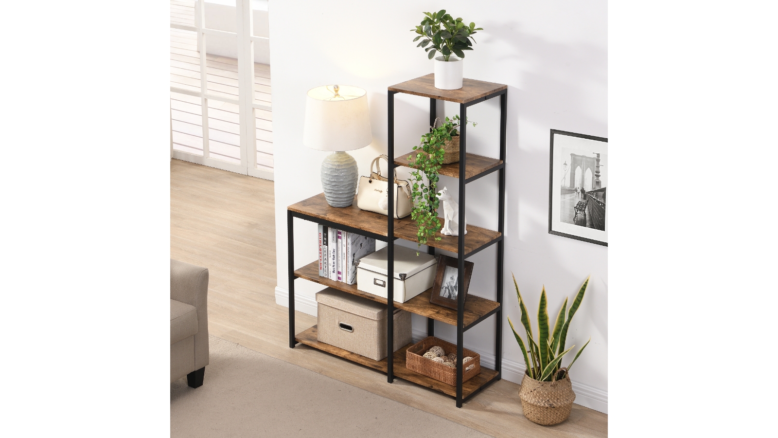 iHomdec 5Tier L Shaped Open Ladder Bookshelf Rustic Dark Brown