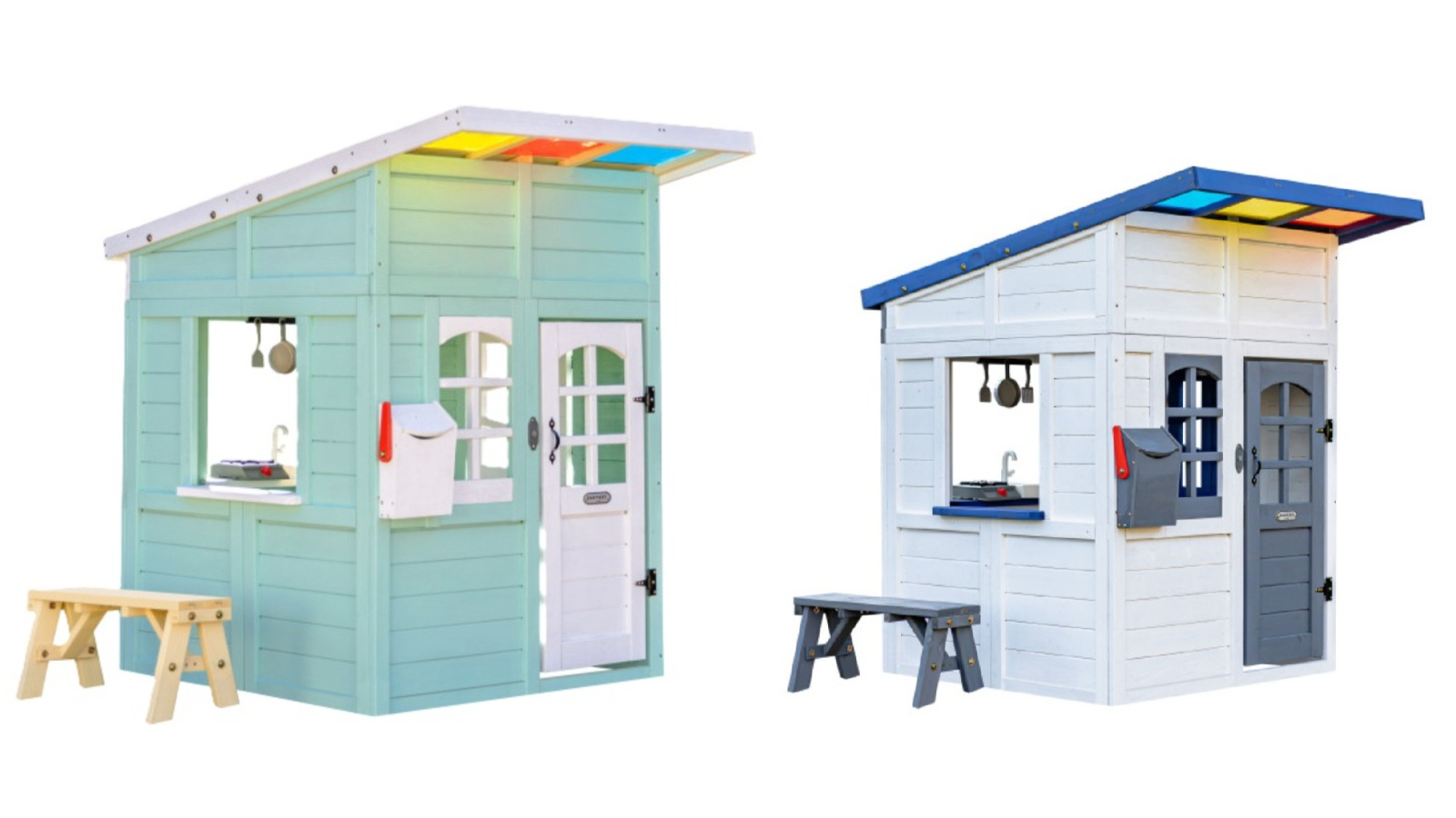 Teamson Kids Rainbow Shade Wooden Playhouse with Overhang, Flower Box and Bench