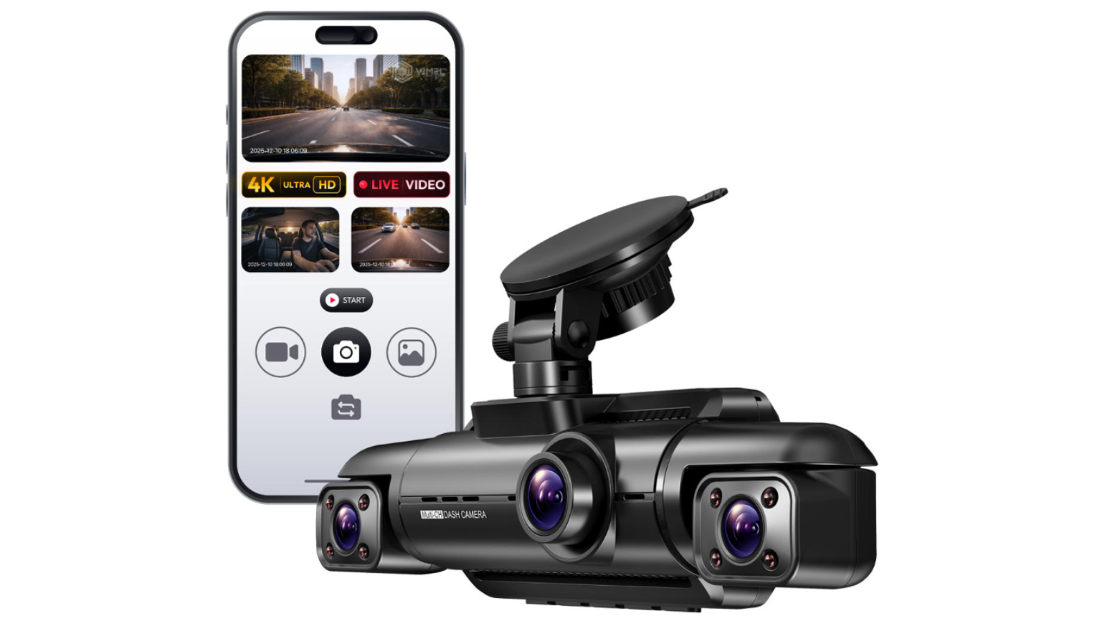 Vimel 4K 3X Channel Car Front and Rear WiFi Dash Camera