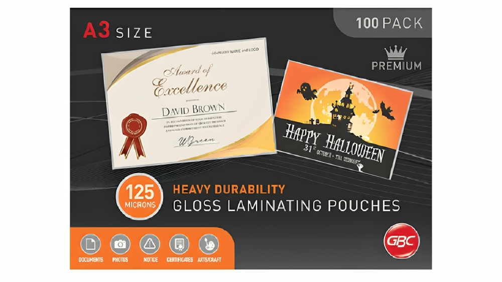 GBC Pack of 100 Heavy Duty Gloss 125 Micron A3 Clear Laminating Pouch