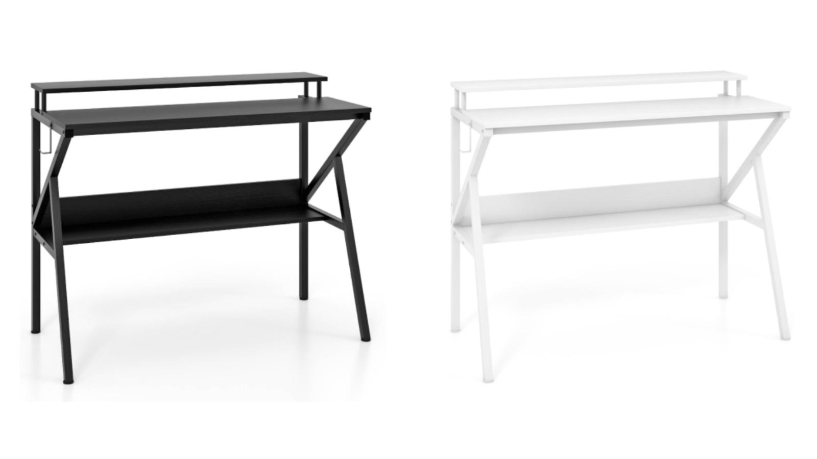 Costway R-Shaped Metal Frame Desk with Monitor Stand Hook and Storage Shelf