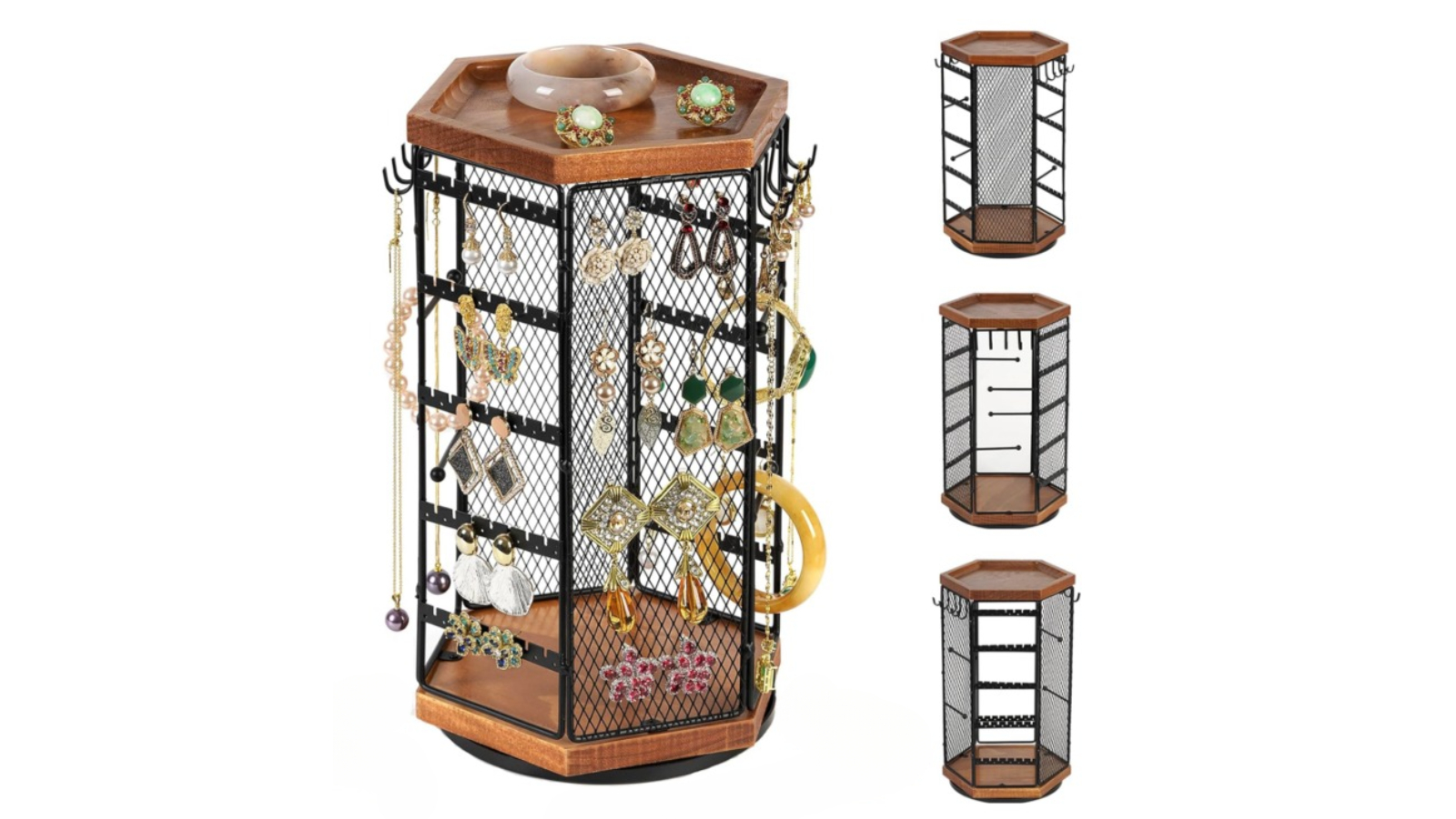 Hexagon Wooden Rotatable Jewelry Stand Storage Rack 