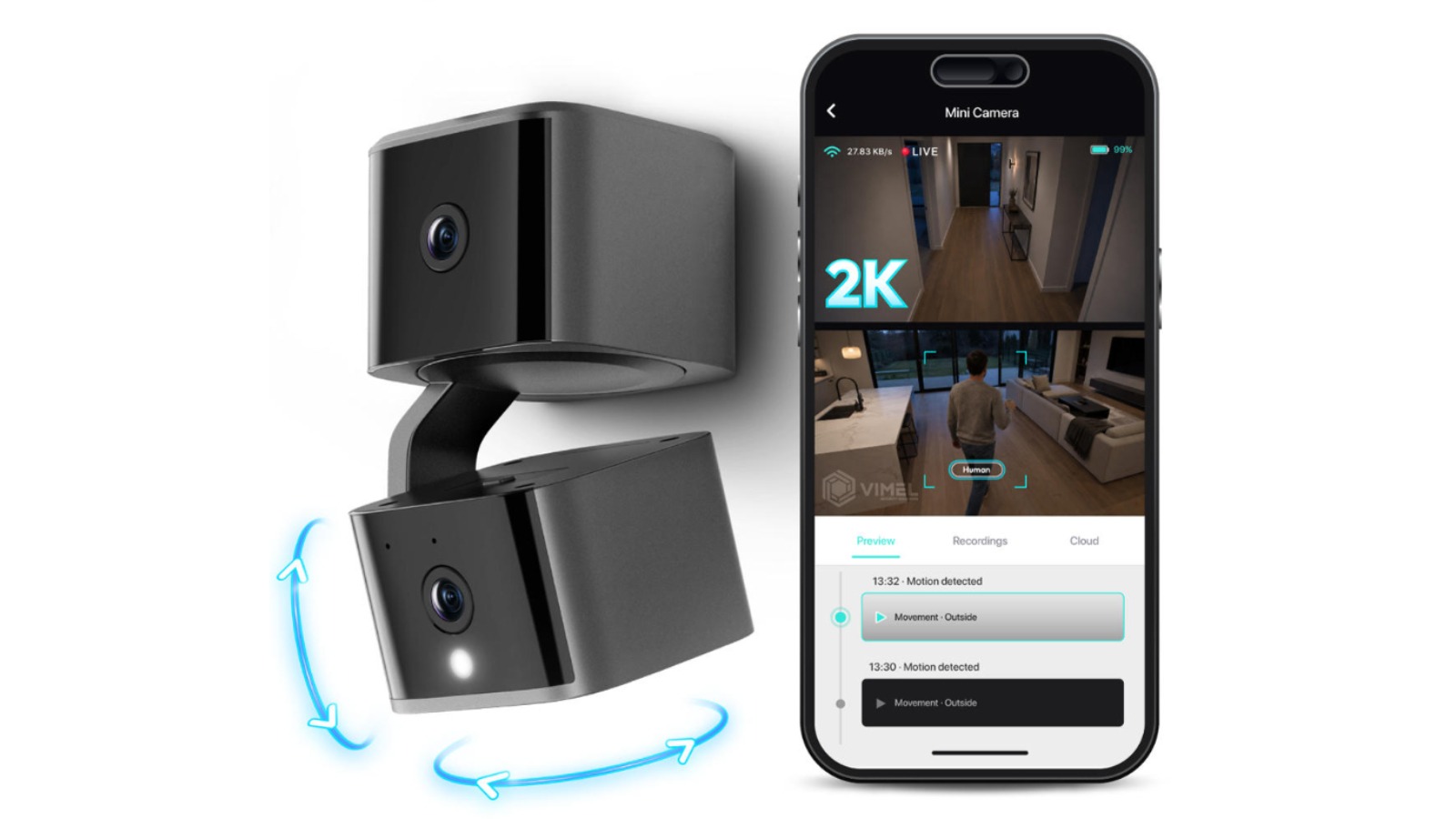 Vimel Wireless 2K with AI Detection Dual Lens WiFi Security Camera
