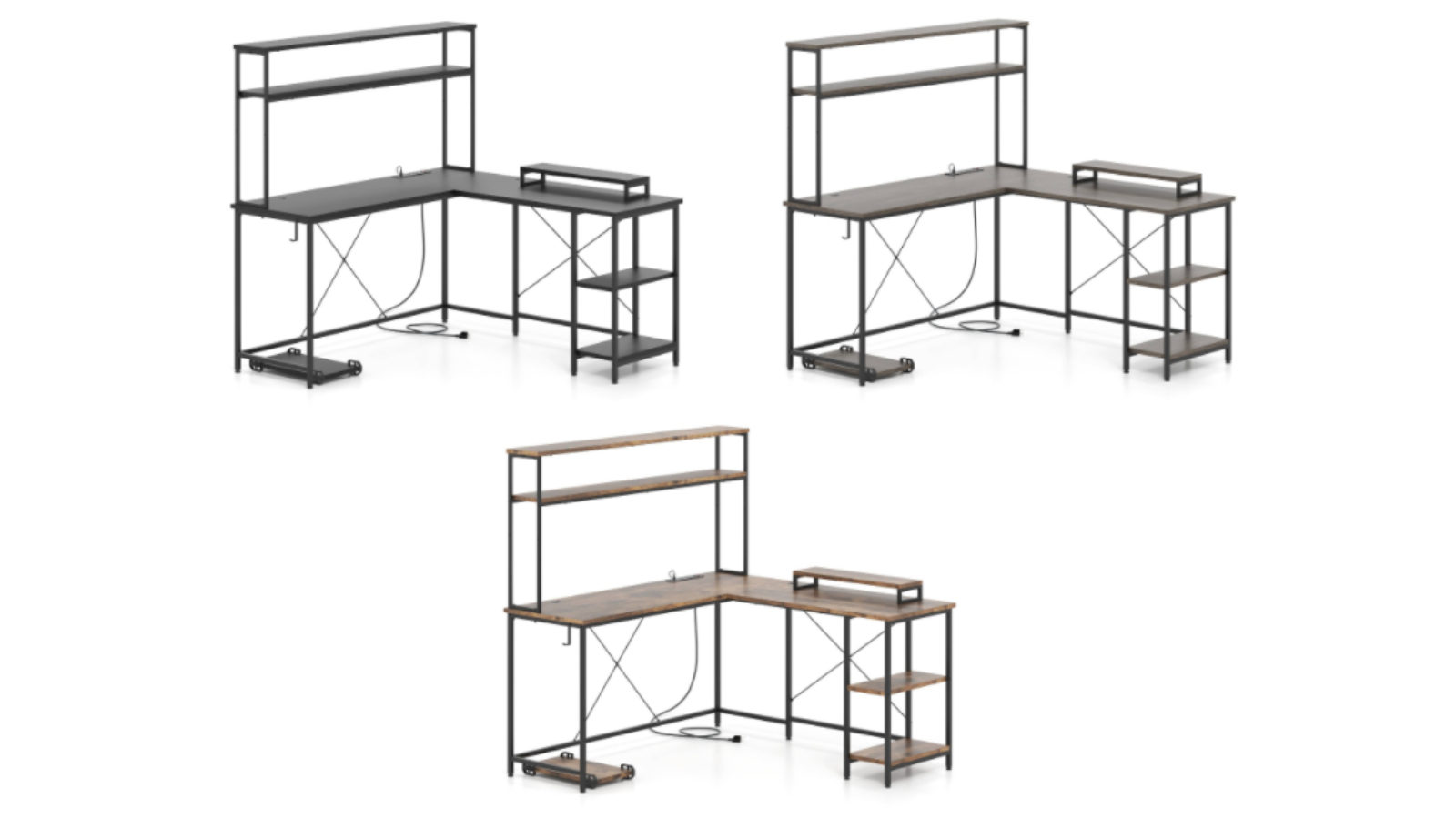 Costway Reversible L-Shape LED Gaming Desk with Power Outlet and Monitor Stand