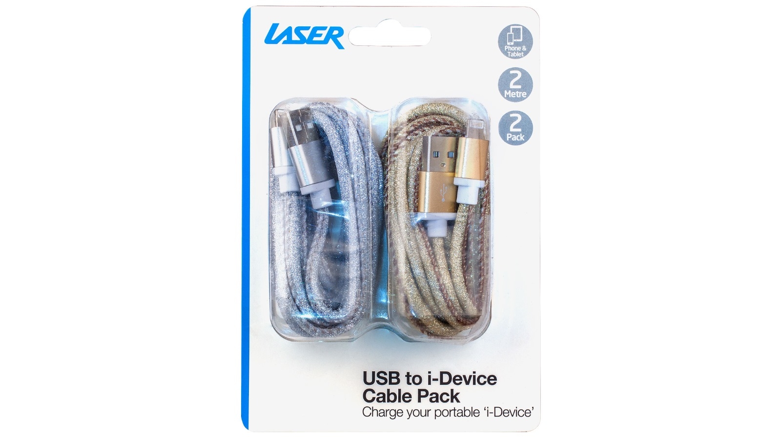 Laser Twin Pack Glitter Lightning Cable - Gold and Silver
