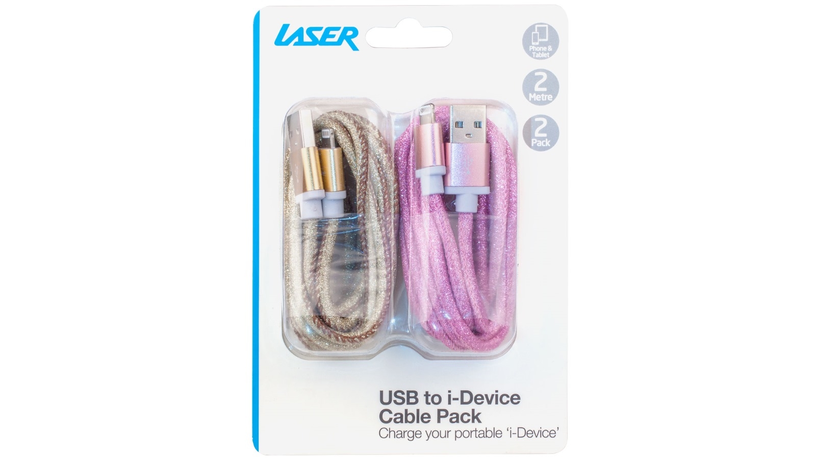 Laser Twin Pack Glitter Lightning Cable - Pink and Gold