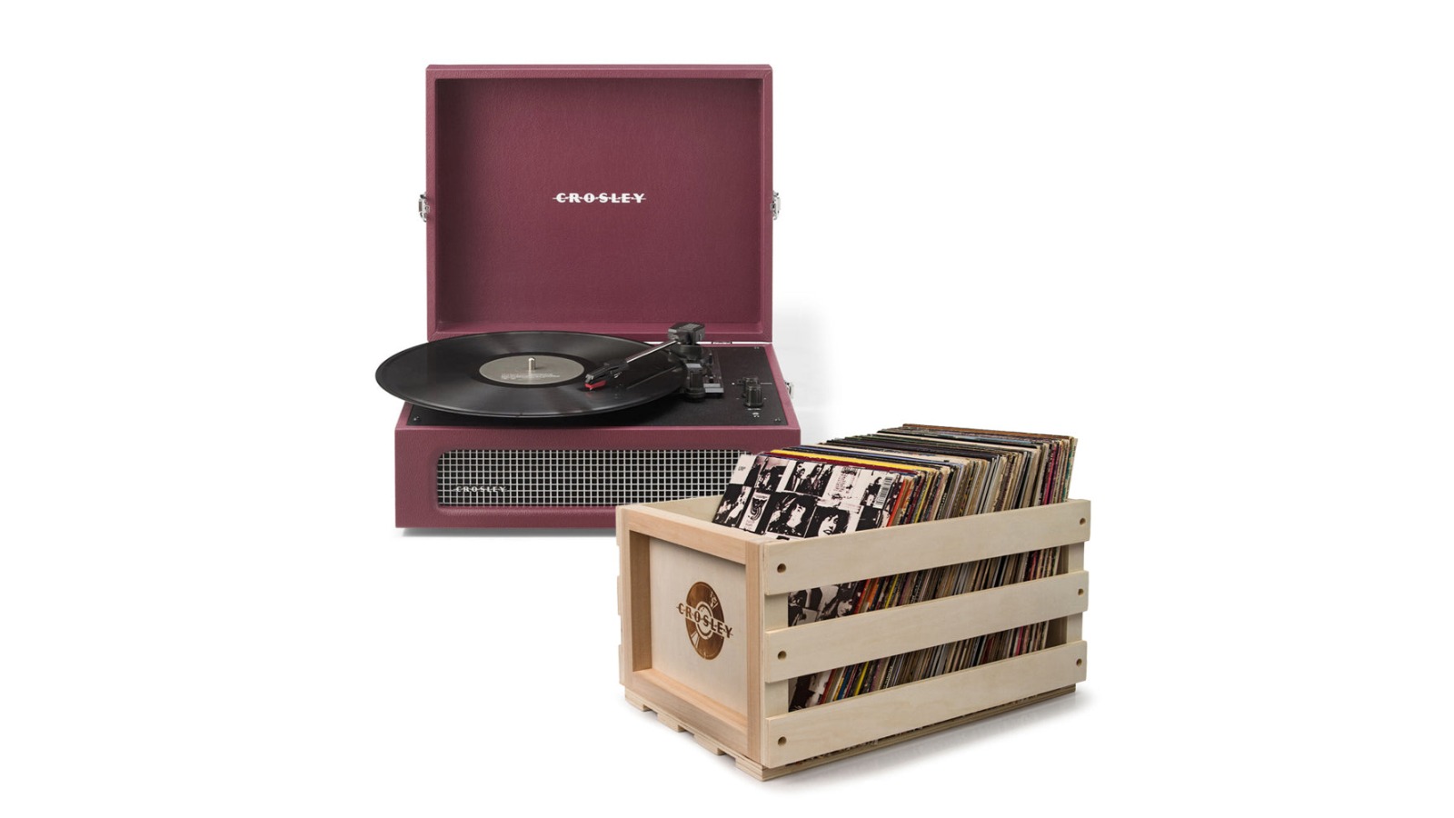 Crosley Voyager Bluetooth Portable Turntable + Record Storage Crate Bundle - Burgundy