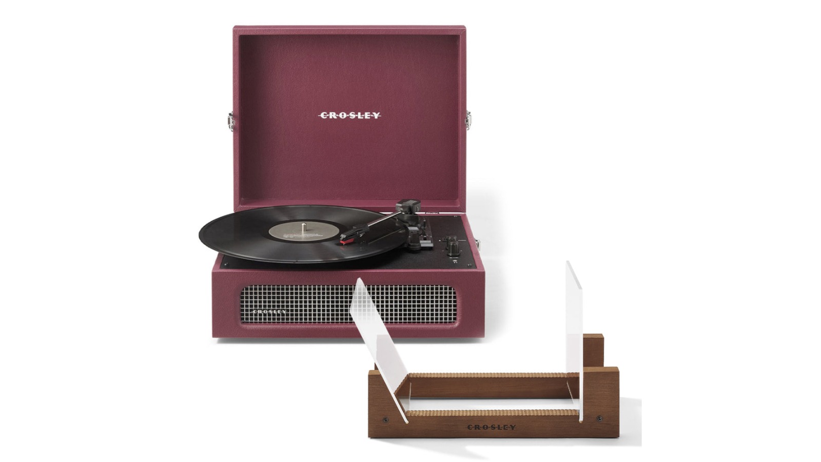 Crosley Voyager Bluetooth Portable Turntable + Record Storage Display Stand Bundle - Burgundy