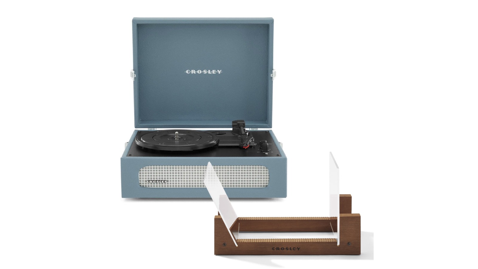 Crosley Voyager Bluetooth Portable Turntable + Record Storage Display Stand Bundle - Washed Blue