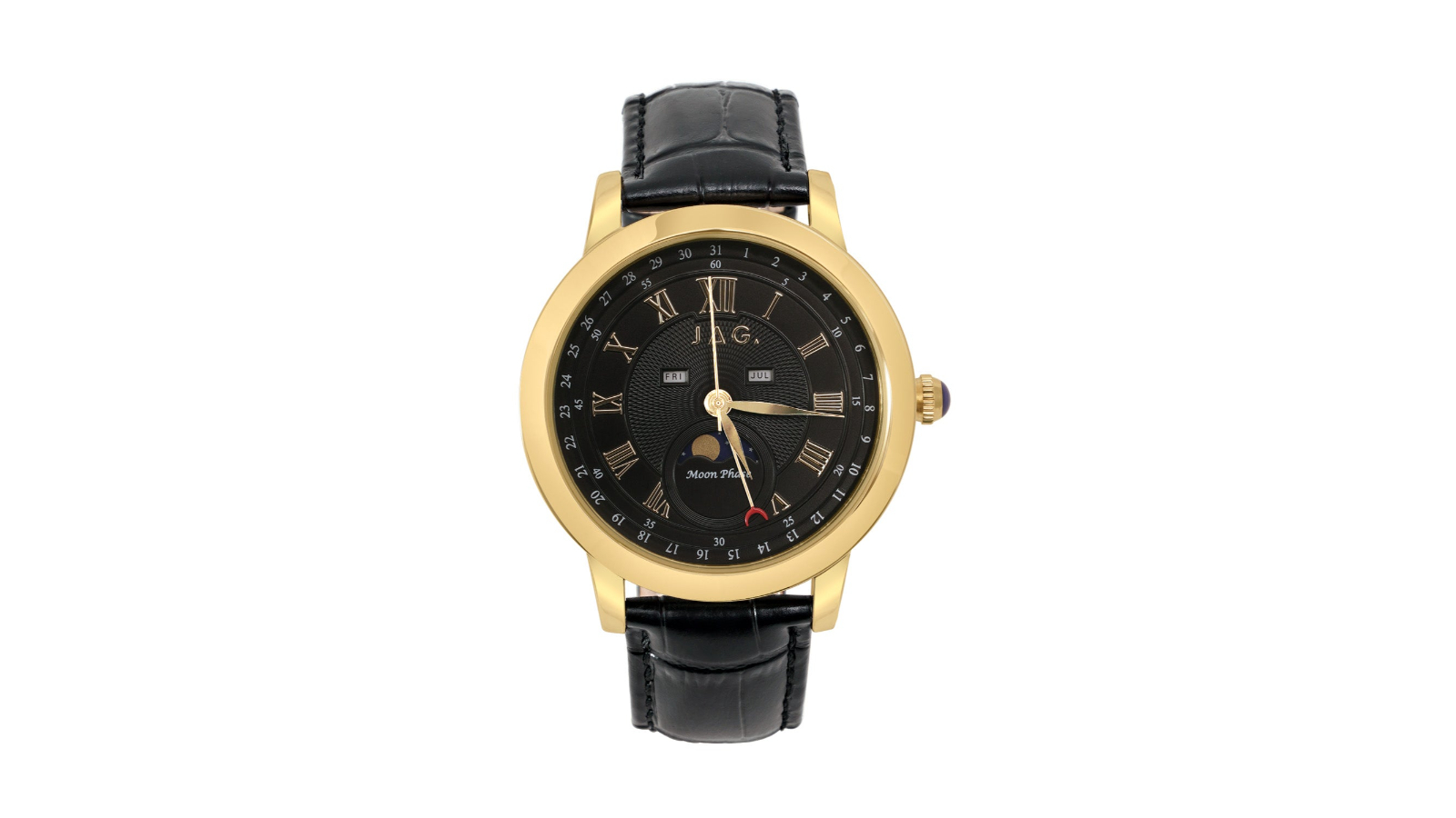 JAG Mosman Gold Stainless Steel Mens Watch with Black Dial and Leather Band - 4.2cm
