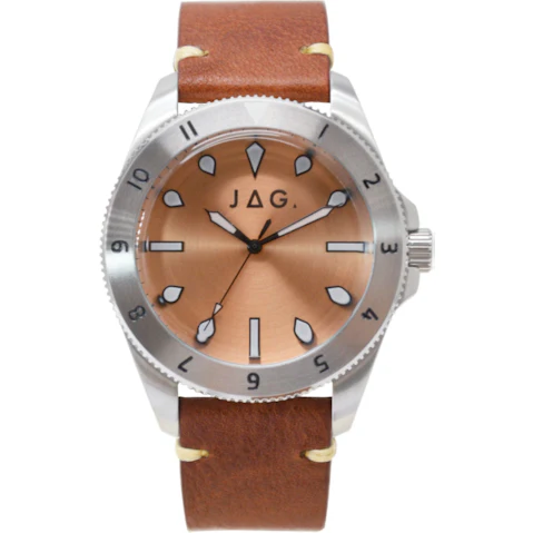 JAG Windsor Silver Stainless Steel Mens Watch with Copper Dial and Brown Leather Strap - 4.4cm