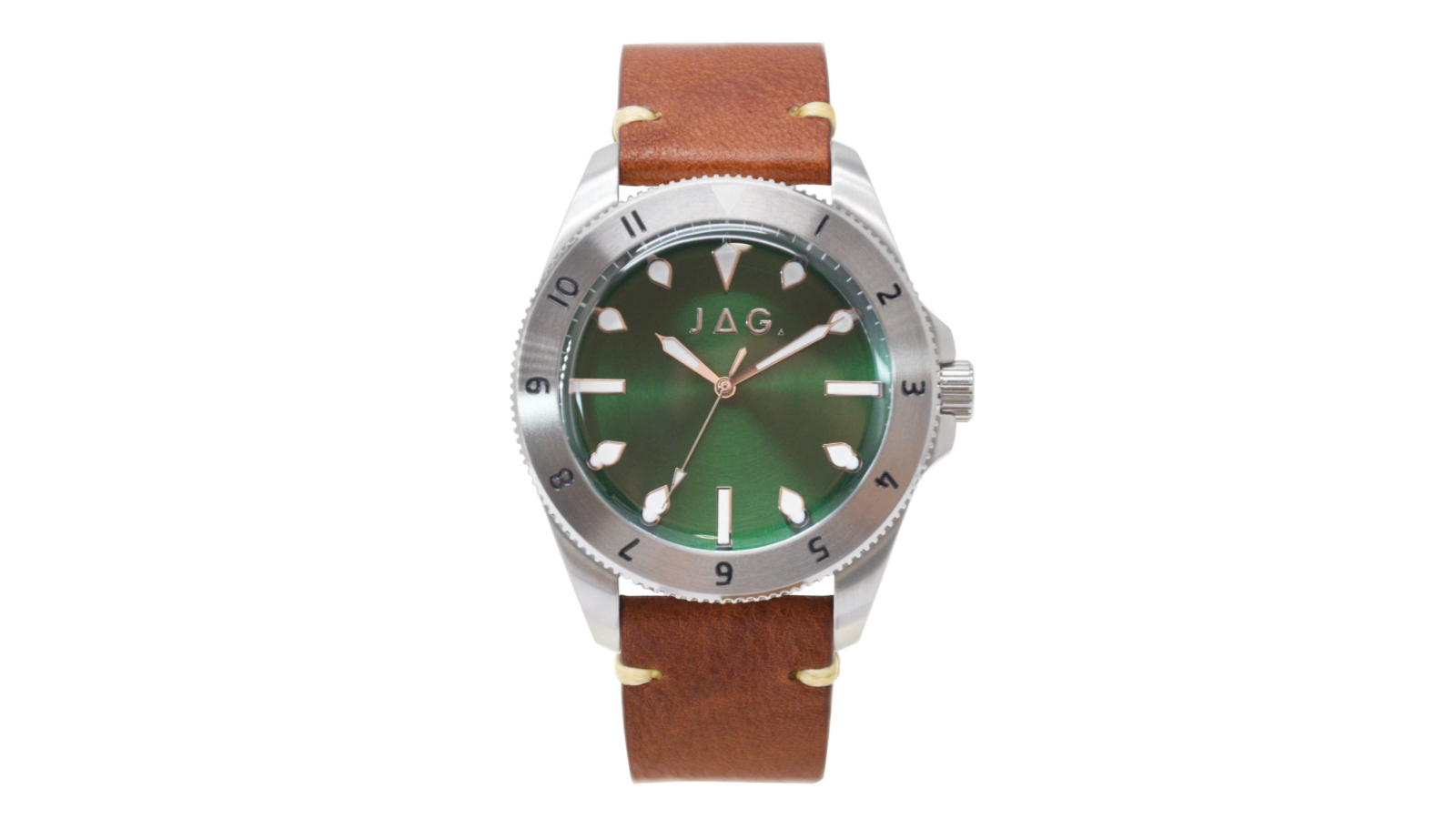 JAG Windsor Silver Stainless Steel Mens Watch with Green Dial and Brown Leather Strap - 4.4cm
