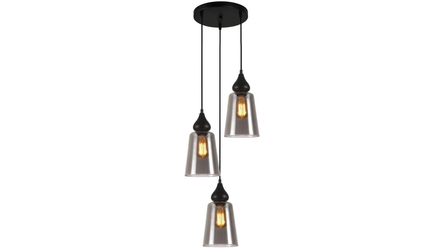 JEREZ Modern Interior Smokey Black Ellipse Glass Flat Top 3 Pendant Light with Round Base