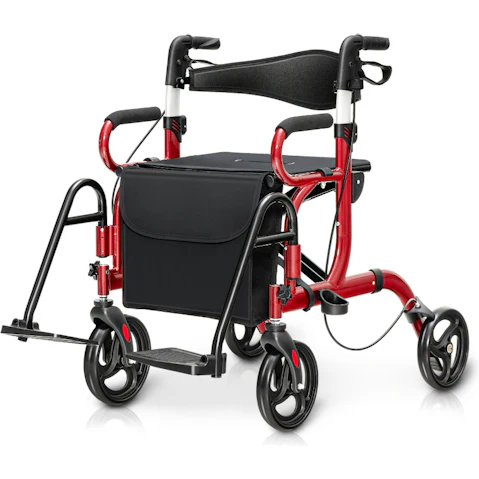 Costway 2-in-1 Folding Rollator Walker and Transport Wheelchair - Red