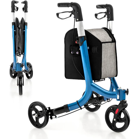 Costway 3-Wheel Foldable Rollator Walker with Zippered Storage Bag - Blue