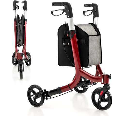 Costway Aluminum Rollator Walker with Hand Brake and Storage Bag - Red