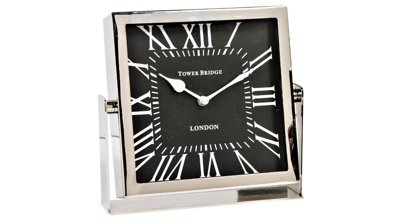 SSH Collection Nickel Tower Bridge Tall Desk Clock with Square Black Face - 22.5cm