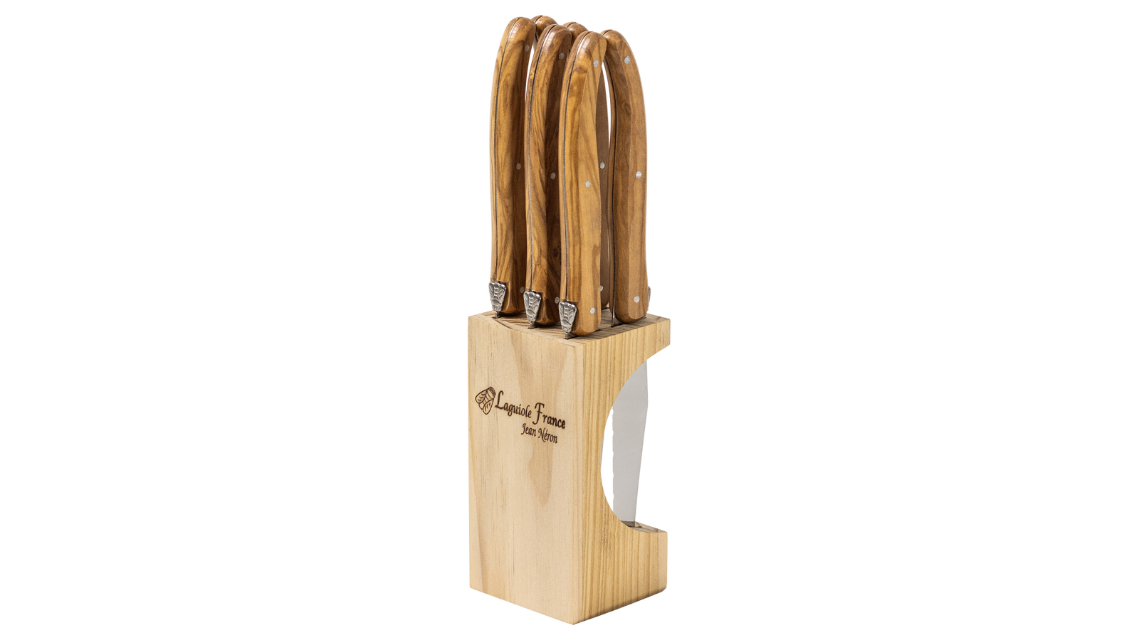 Laguiole Jean Neron Set of 6 Slim Wooden Block Steak Knife - Olive Wood