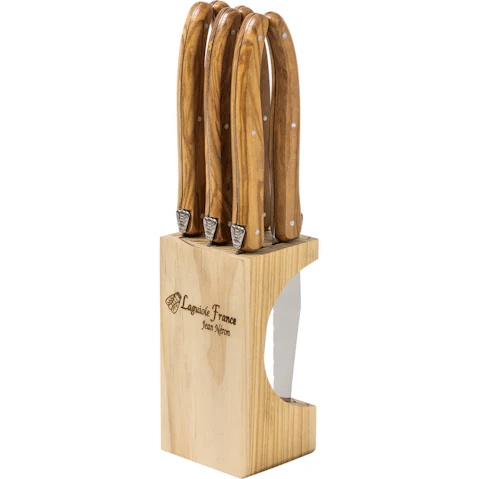 Laguiole Jean Neron Set of 6 Slim Wooden Block Steak Knife - Olive Wood