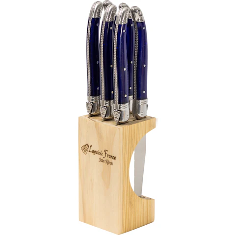 Laguiole Jean Neron Set of 6 Slim Wooden Block Steak Knife - French Blue