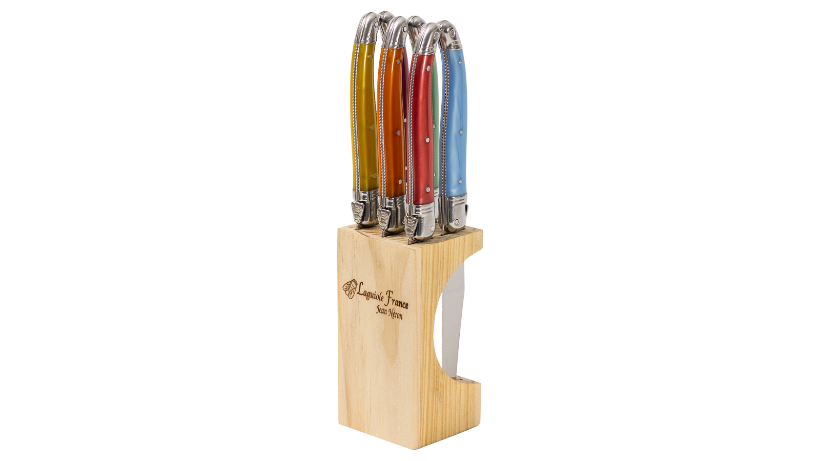Laguiole Jean Neron Set of 6 Slim Wooden Block Steak Knife - Mixed Colour