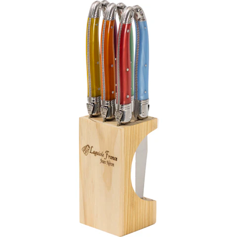 Laguiole Jean Neron Set of 6 Slim Wooden Block Steak Knife - Mixed Colour