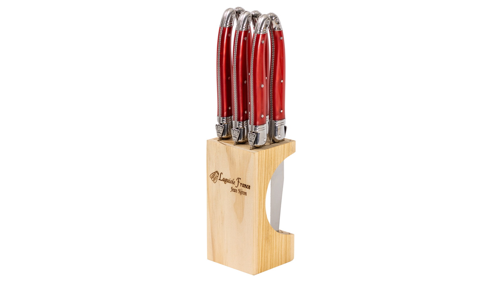 Laguiole Jean Neron Set of 6 Slim Wooden Block Steak Knife - Red 