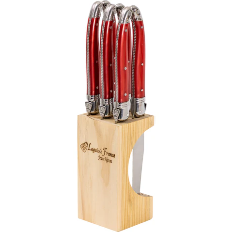 Laguiole Jean Neron Set of 6 Slim Wooden Block Steak Knife - Red