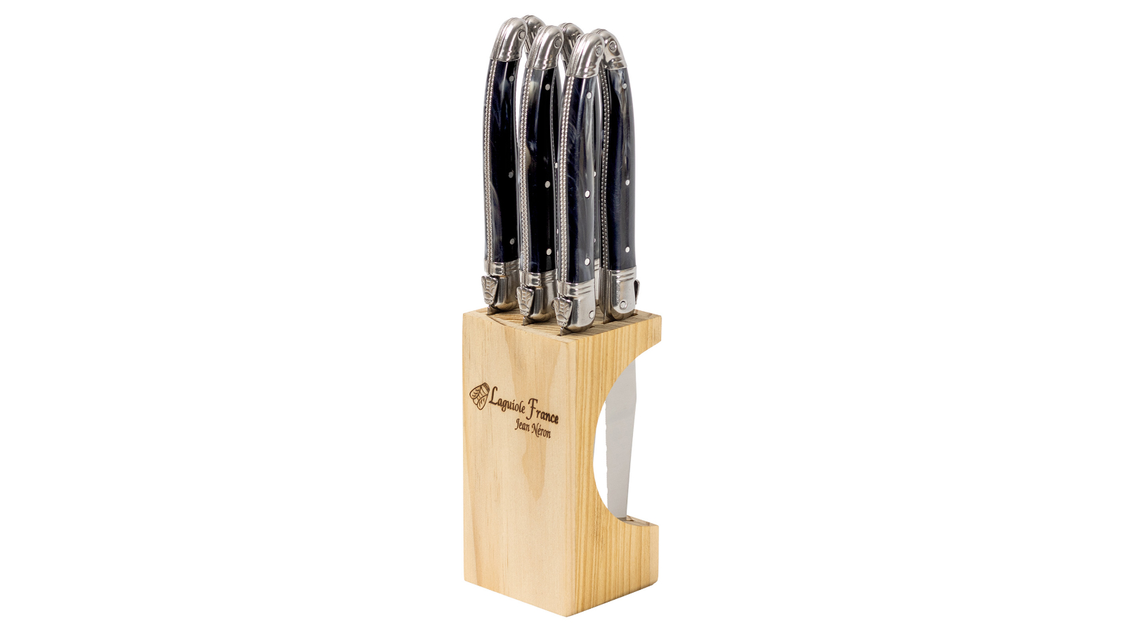Laguiole Jean Neron Set of 6 Slim Wooden Block Steak Knife - Black Horn